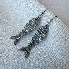 Sardine Earrings, Handmade Beaded Fish Earrings, Coastal Seed Bead Jewelry Gift