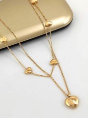 Woman 18K Gold Plated Stainless Steel Heart Charm 2 Layers Chain Necklace