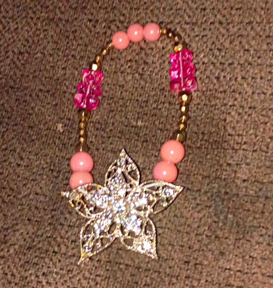 Pink Plastic Beaded Charm Bracelet w/ Clear Rhinestone Flower Dangle Pendant
