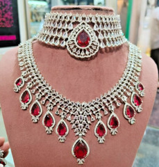 Elegant Emerald Ruby Silver Zirconia Wide Necklace Earring Jewelry Set