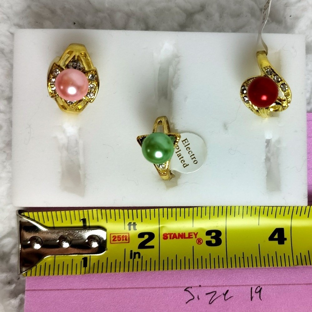 Electro Plated Pearl Rhinestone Ring Set Gold Pink Green Red 3pc