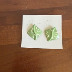 Lime Green Leaf Shape Craft Tile Stud Earrings Pop Art Style