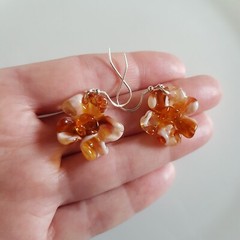 Dangle Drops Earrings Flowers Tea Brown Colors Murano Glass 925 Silver Hooks