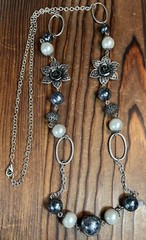 womens jewelry necklace black gray silver bead chain strand 36″ Flower Accent