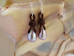 Tea Drop Pearl Earrings Lavender Pearls on Leather Earrings Boho Earrings Yevga