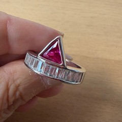 SYNTHETIC RUBY / PINK SAPPHIRE BAGUETTE RHINESTONES GEOMETRIC RING SILVER TONE