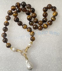 Natural Yellow Tiger’s Eye Gems Beads White Keshi Baroque Pearl Pendant Necklace
