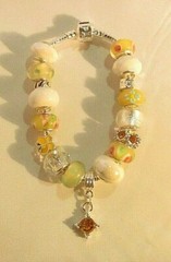 Yellow & White Murano Glass Bead & Crystal Silver 7.5″ Charm Bracelet (#1380)NEW