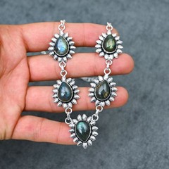 Silver Plated Labradorite Y-Necklace | Multi-Stone Milgrain Cabochon | Artisan