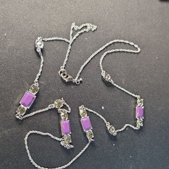 ​Silver Tone Bezel Station Necklace Purple Green Emerald Cut Gemstones Amethyst