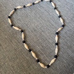 Boho Paper Bead Necklace Black Ivory Pearl Handmade