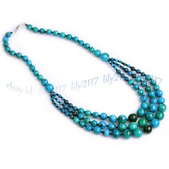 3 Rows Natural Azurite Chrysocolla 4-12mm Round Beads Layered Necklace 18-20”