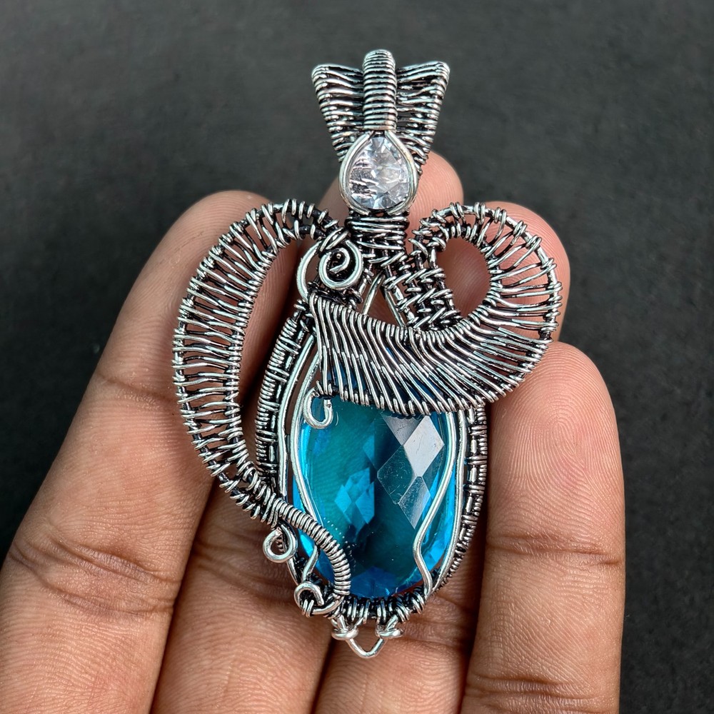 Heady German Silver Wire Wrapped Blue Topaz Pendant, Handmade Statement Necklace