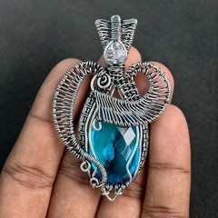 Heady German Silver Wire Wrapped Blue Topaz Pendant, Handmade Statement Necklace