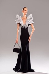 Black Crepe With Silver Jacouard Shoulder And Silver Beads