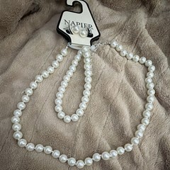 Napier Signed Faux Pearl Jewelry Set Necklace & Earrings White Silver