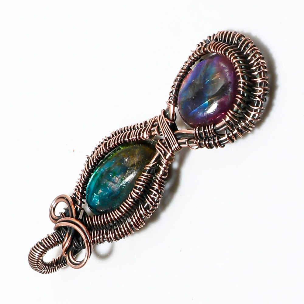Wire Warp Copper Pink Fire Labradorite Gemstone Pendant Jewelry Size 3 Inches