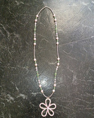 Beaded Ball Chain Necklace w/ Pink Green Rhinestone Pavé Flower Charm Pendant