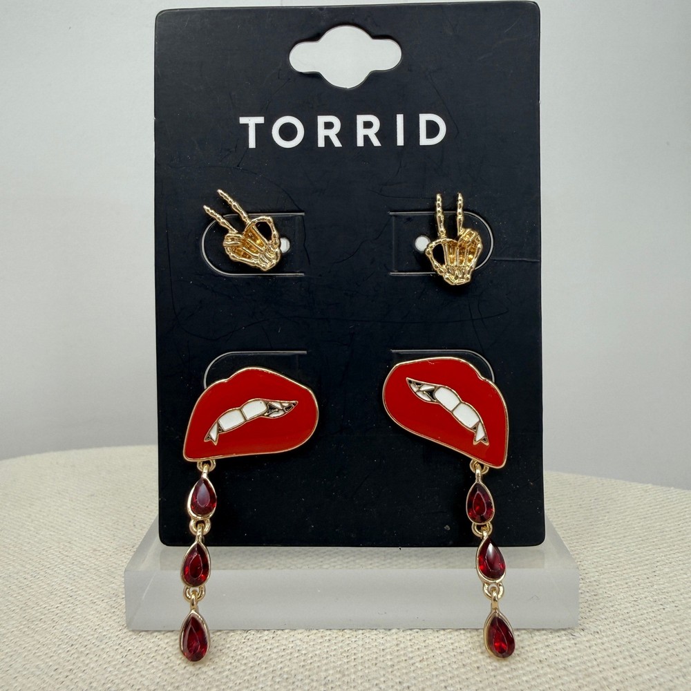 Torrid Earrings Set Skeleton Hand Studs Red Lips Dangle Faux Gemstone Gold Tone