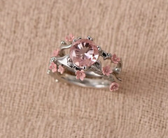 Silver Cherry Blossom Ring Stainless Steel Pink Zirconia Flower Statement Band
