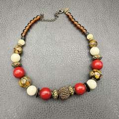 NY Necklace Beaded Statement Chunky Red Gold Cream Brown Floral Beads 16 Inch