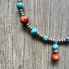 Handmade Sterling Silver Turquoise & Coral Beaded Necklace Dangle Hook Earrings