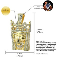 14k Gold Plated XL Jesus Royal Crown Pendant 30″ Cuban Link Chain Cubic Zirconia