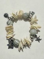 cream shell bead silver tone charm stretch bracelet fun beach Boho bracelet