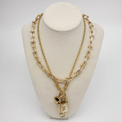 Authentic Louis Vuitton Gold Padlock w/ Unbranded Fashion Stainless Steel Chain