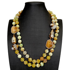 2 Rows Yellow Faceted yellow Agate Druzy White Biwa Pearl Crystal Necklace