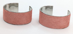 Chunky Pink Dyed Cow Hide Silver Tone Cuff Bracelet Set of Two 1 1/8″ Wide