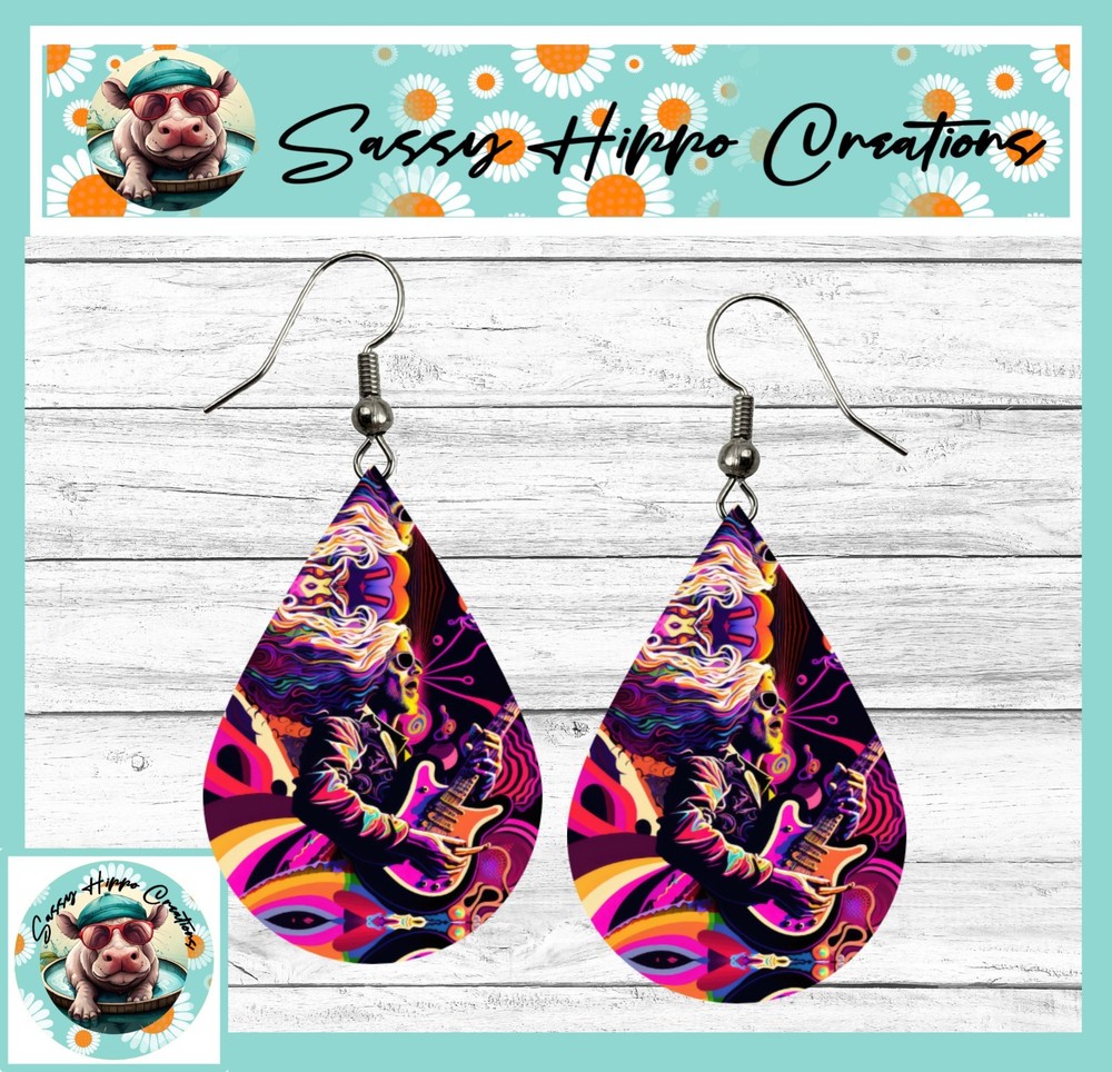 Earrings Teardrop Silver Hook Backs Neon Rocker Music Rock Band Guitar Print MDF