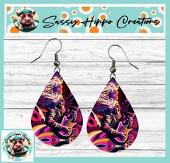 Earrings Teardrop Silver Hook Backs Neon Rocker Music Rock Band Guitar Print MDF