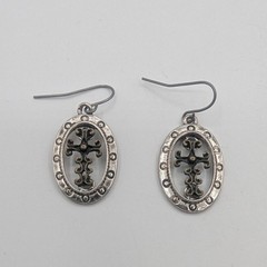 Vintage Silver Tone Filigree Cross Oval Drop Earrings Gothic Religious Dangle