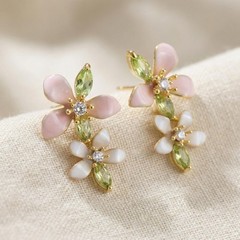 Double Flower Dangle Drop Stud Earrings for Women, Cute Pink White Leaf Floral R