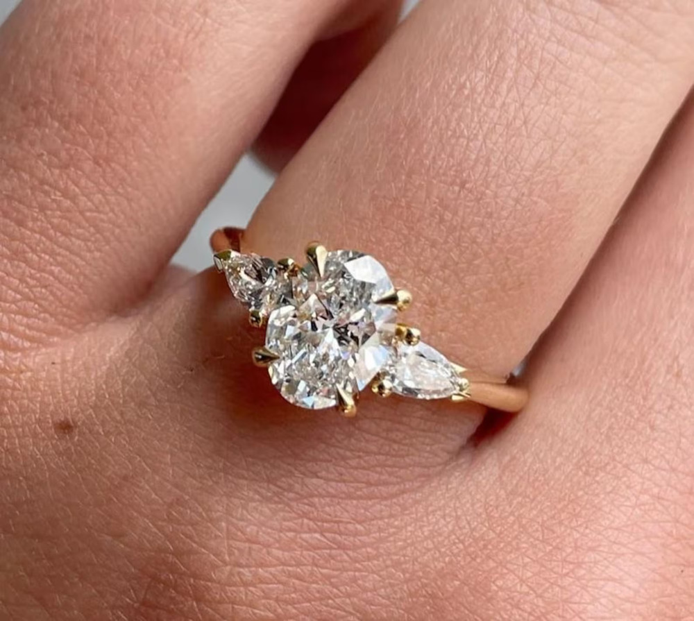 Oval Cut Triloyg Ring 2 CT Oval Moissanite Engagement Ring, Anniversary Gift