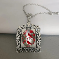 Northern Cardinal Gothic Boarder Jewelry Vintage Silvery Bird Pendant Necklace