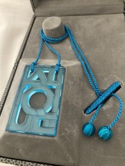 Lalique Ocean Blue Signed Crystal Logo Pendant Necklace with Silk Cord & Toggle