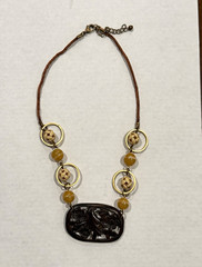 Bohemian Beaded Cord Necklace Rectangle Charm Pendant Brown Gold Tone Adjustable