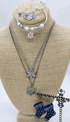 Snowflake Christmas Necklace Bracelet Earring Lot Blue Silver tone Set of 5