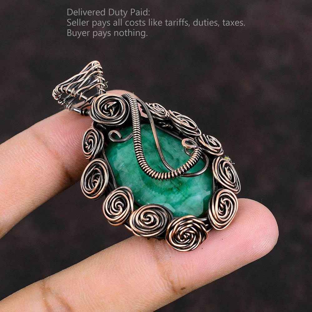 Copper Oval Zambian Emrald Gemstone Wire Wrapped Flower Mother Pendant Jewelry