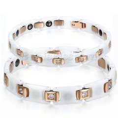 Couples White Ceramic Rose Gold Tone Stainless Steel CZ Health Chain Bracelet