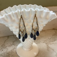 Alexis Bittar Gold Tone Blue Lapis teardrop Chandelier Dangle Earrings 2in