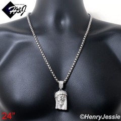 24″MEN Stainless Steel 5mm Silver Box Link Necklace ICY CZ Jesus Pendant*IP150