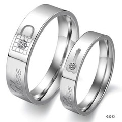 Titanium Stainless Steel CZ Love Lock & Key Promise Ring Couple Wedding Gift