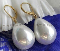 Real 14X17mm AAA south sea white shell pearl beads gold dangle earrings 14k