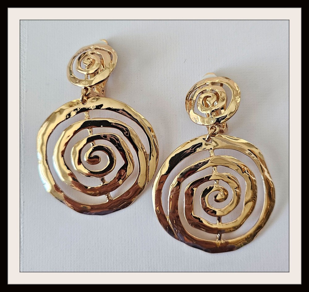 Large Hammered Multi Round Hoop CLIP ON Earrings Dangle Gold Plated