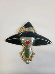 Vintage M J ENT gold-tone and black enamel lady hat brooch
