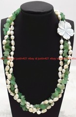 New Natural Three Rows 7-8mm White Baroque Green Gravel Necklace 18-24 Inches