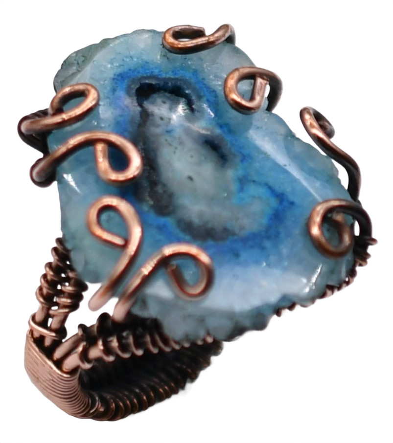 Blue Agate Natural Gemstone Copper Wire-Wrapped Ring US Size-8.5 A282